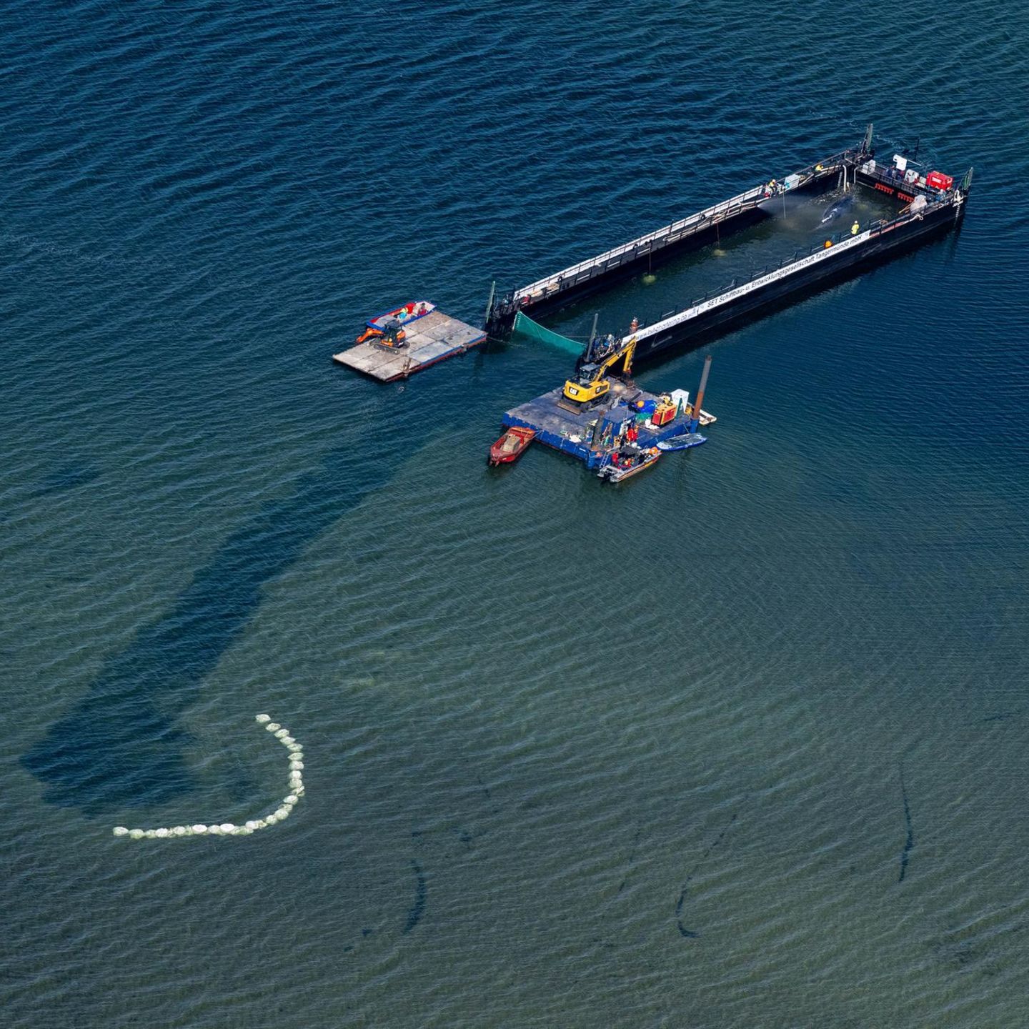 Ein Lastkahn, der einen Buckelwal in der Ostsee transportieren soll