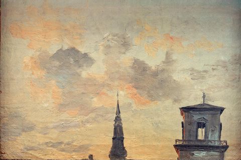 Die Stadt – Kopenhagen – wird in dieser Wolkenskizze des Norwegers Johan Christian Dahl zur Nebensache, identifizierbar nur anhand der beiden Kirchtürme der barocken Petrikirche (links) und der Frauenkirche