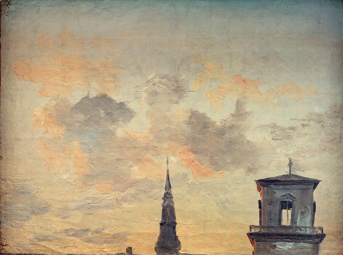 Die Stadt – Kopenhagen – wird in dieser Wolkenskizze des Norwegers Johan Christian Dahl zur Nebensache, identifizierbar nur anhand der beiden Kirchtürme der barocken Petrikirche (links) und der Frauenkirche