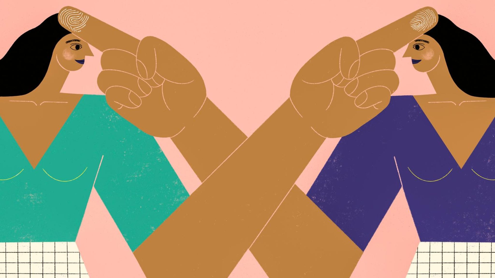 Illustration Frauen deuten mit Finger auf  Kopf