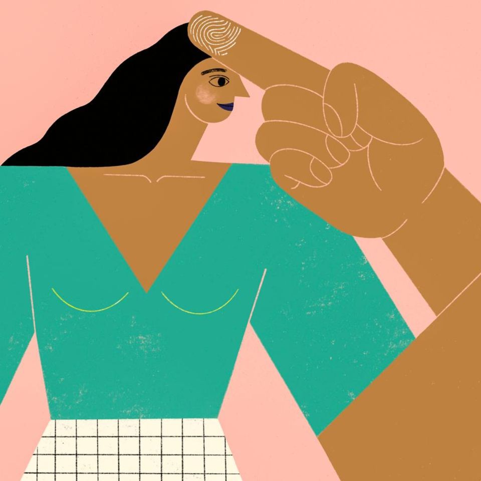 Illustration Frauen deuten mit Finger auf  Kopf
