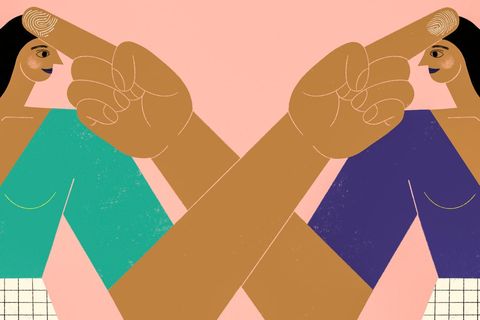 Illustration Frauen deuten mit Finger auf  Kopf