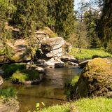 Von Steinen und Wiese umringtes Wasser im Waldnaabtal