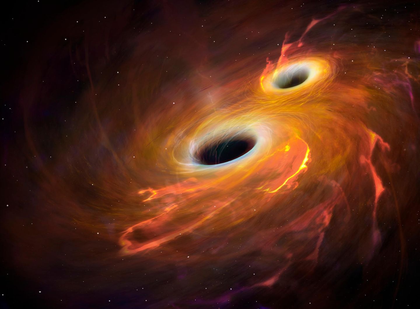 Computerillustration: Zwei rotierende, sich einander nähernde schwarze Löcher, umgeben von orange-gelben Nebula