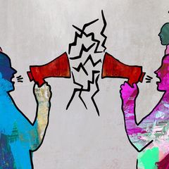 Illustration zweier Menschengruppen, die einander anbrüllen