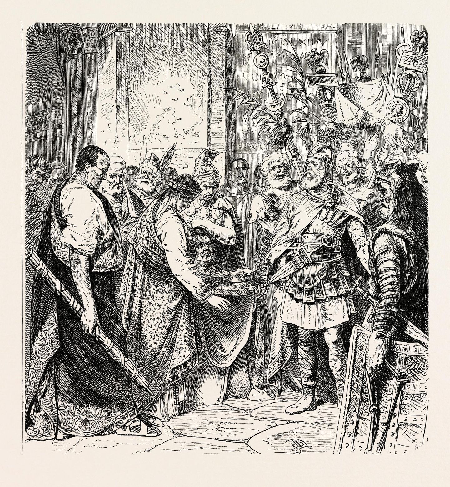 Kaiser Romulus Augustulus übergibt dem germanischen Heerführer Odoaker seine Krone