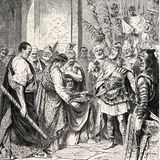 Kaiser Romulus Augustulus übergibt dem germanischen Heerführer Odoaker seine Krone